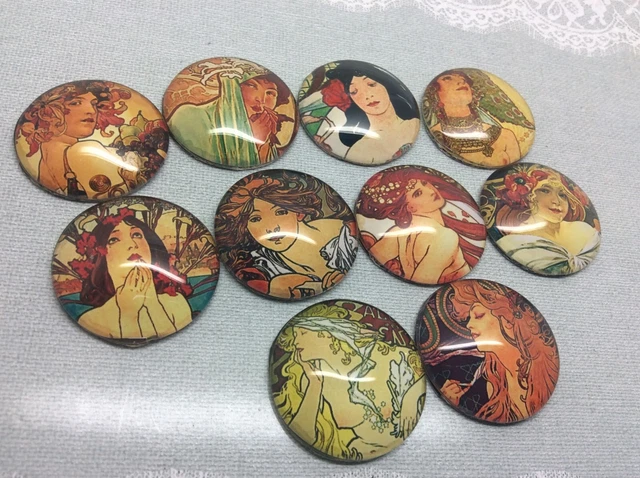 10 Alphonse Mucha Art Cabochons 16-25mm Mixed Round Glass Charm Dome Flat Back