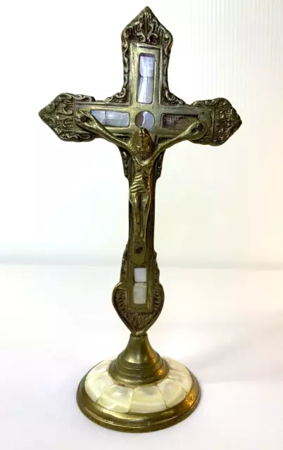 Vintage Beautiful Brass Mother Of Pearl Inlay Standing Crucifix Cross Altar 9"
