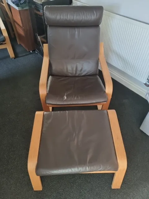 IKEA POÄNG Armchair and Footstool Brown Leather Vintage Good Condition