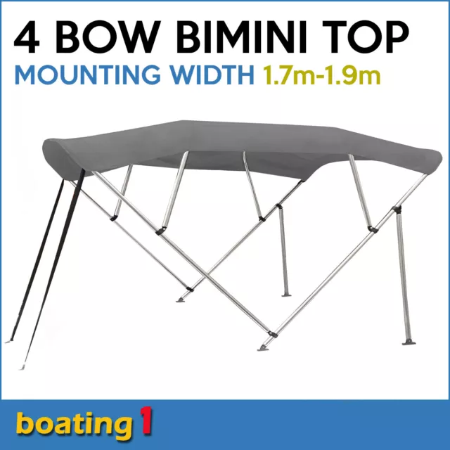 4 Bow 1.7m-1.9m Grey Boat Bimini Top Canopy Cover With Rear Poles & Storage