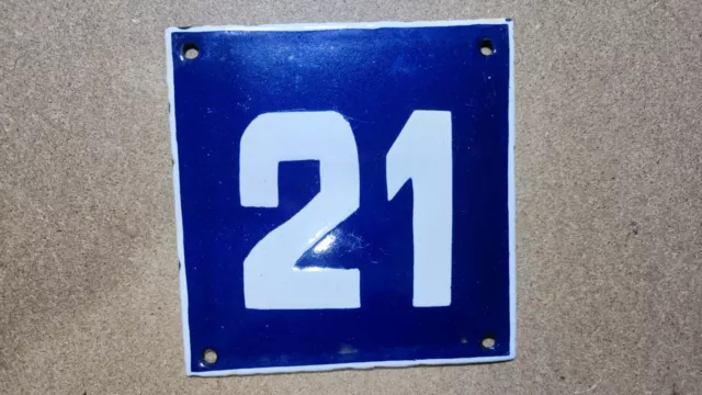 Vintage Enamel Sign Number 21 Blue House Door Street Plate Metal Porcelain Tin