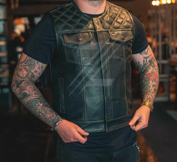 Men's Bikers Style Leather Vest Diamond Quilted Gold Stitch Club Motorcycle Vest
