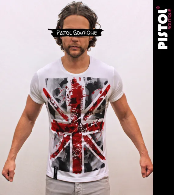 Pistol Boutique Uomo Bianco Rolled Maniche Girocollo Union Jack Teschi T-Shirt