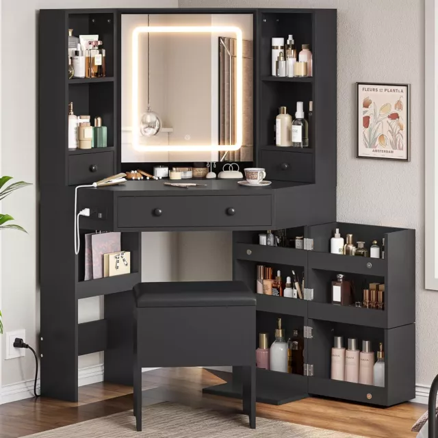 Makeup Vanity Corner Desk with Storage Stool LED Lighted Mirror Dressing Table