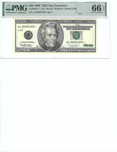 1996 $20 Federal Reserve Note FR2084-L* PMG 66 Gem UNC EPQ, San Francisco!!!