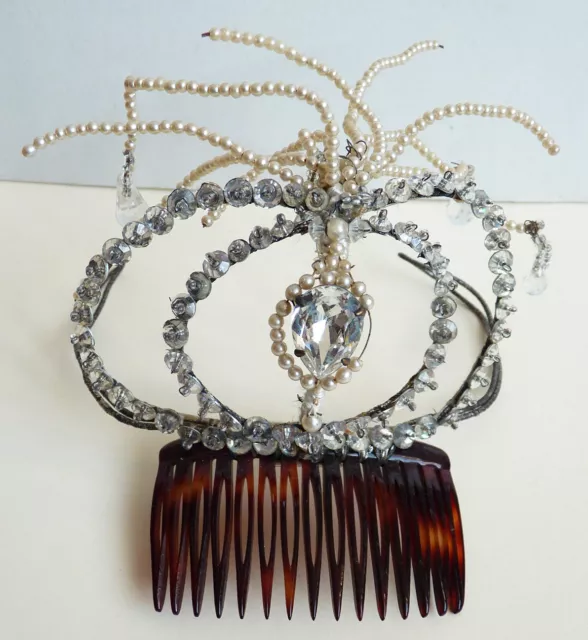 Peigne diadème bijou de cheveux strass et perles 19e siècle  comb tiara