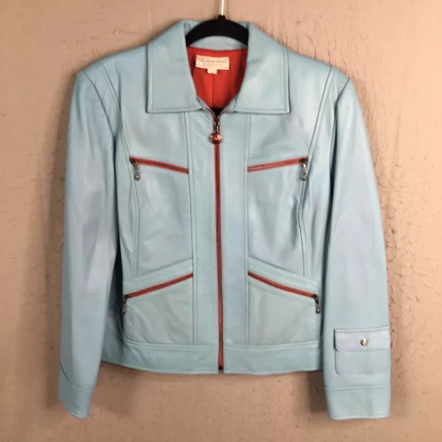 St John Sport Marie Gray Leather Jacket Womens Small Baby Blue Bomber Aviator