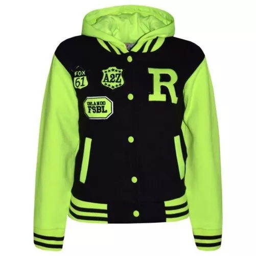 Bambine Ragazzi Baseball con Cappuccio Nero & Verde Neon Nyc Fox Giacca Varsity