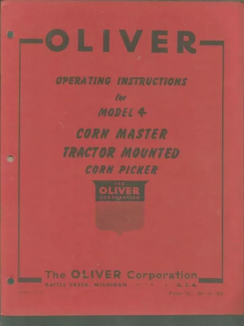 1950S Oliver Mod 4 Corn Master Tractor Mounted Picker Operators Manual Brochure