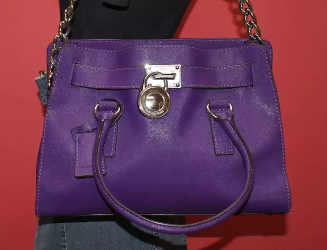 MICHAEL KORS 'HAMILTON' Purple Saffiano Leather Satchel Shoulder Chain  Purse Bag £ - PicClick UK