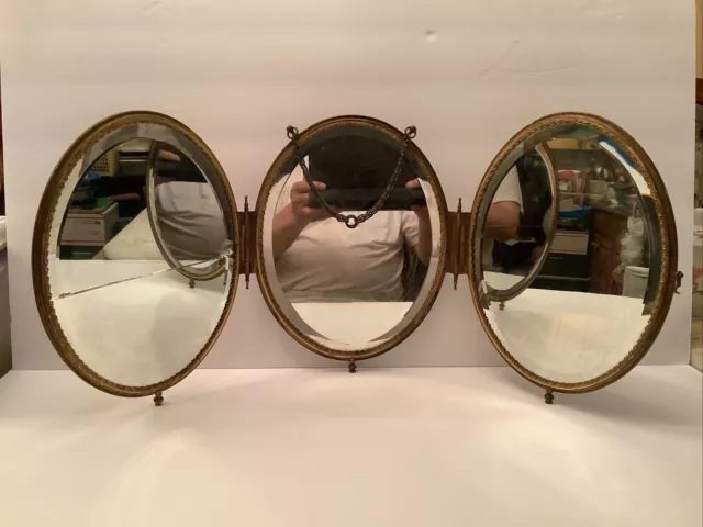 19Th C. Antique French Trifold Vanity Oval Mirror Bronze Tapestry Beveled.