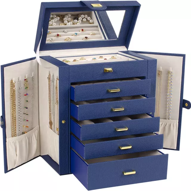 Large Jewelry Box Organizer Functional Lockable with Big Mirror, Leather Jewelry