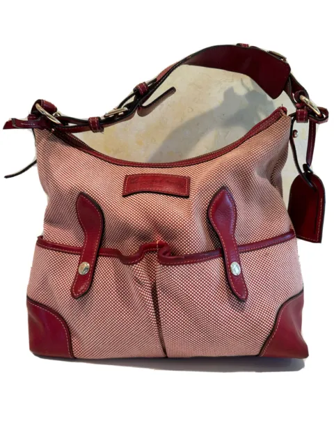 Dooney & Bourke Medium Red Leather Check Canvas Lucy Shoulder Bag Free Shipping
