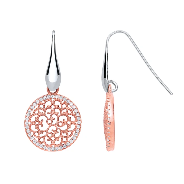 Jewelco London Rose Silver CZ Filigree Snowflake Drop Earrings