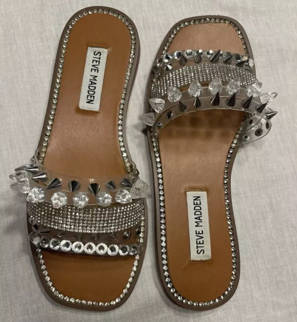 Steve Madden Studs and Spike Embellishments Toe Slip On Sandals Clear Straps