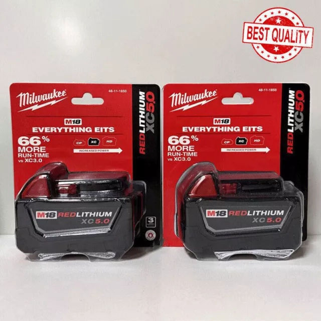 2-Pack Milwaukee  18V 48-11-1850 5.0 AH Batteries M18 XC18 48-11-1850 Battery US