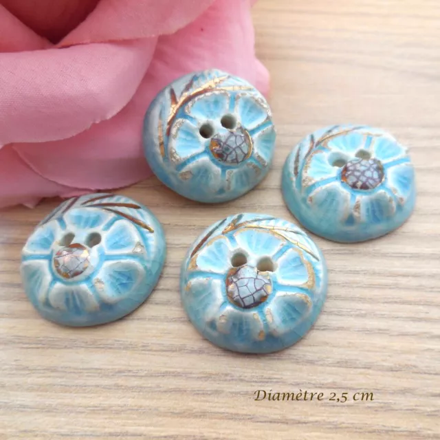 4 boutons ronds anciens - Boutons en porcelaine bleue et or - Bouton collection