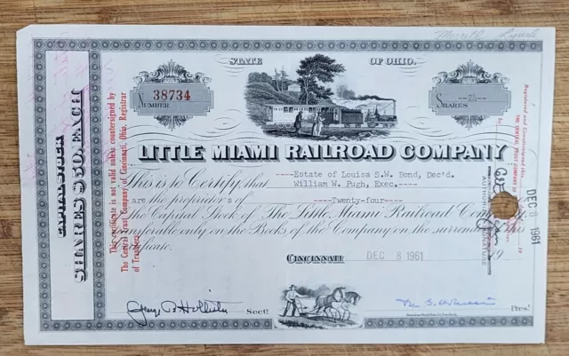 Stock Certificate 1960 Cincinnati Ohio Little Miami Railroad Company