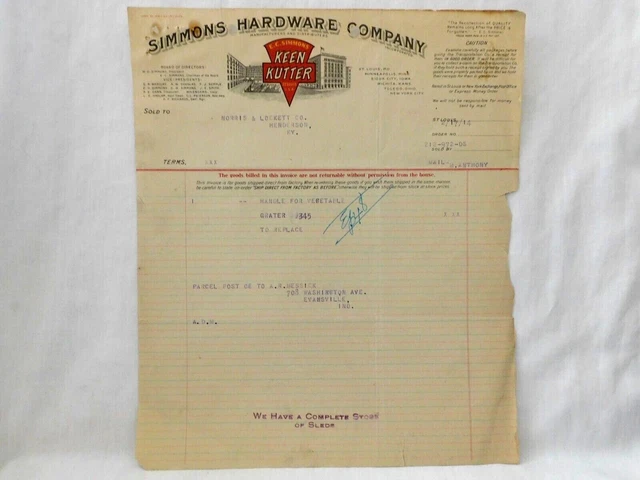 1914 Billhead Simmons Hardware Co. Keen Kutter Cutlery Sold To Norris & Lockett