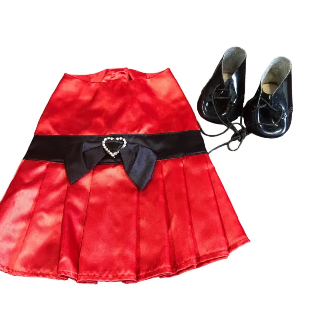 Build a Bear Red Satin Dress Black Shiny Shoes Rhinestone Heart Belt Buckle