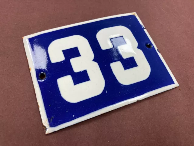 ANTIQUE VINTAGE FRENCH ENAMEL SIGN HOUSE NUMBER 33 DOOR GATE SIGN BLUE 1950's