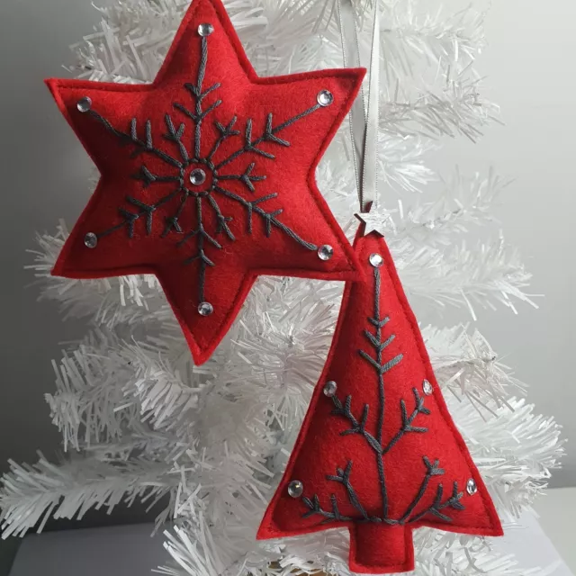Red/Charcoal Grey Felt Embroidered Star & Tree Shaped Hanging Decorations X2