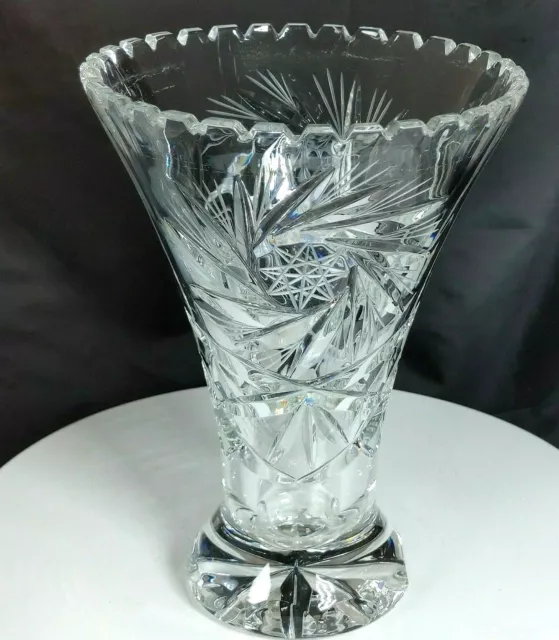 Vtg Crystalex 7" Vase Cut Crystal Tornado Pinwheel Dentil Edge