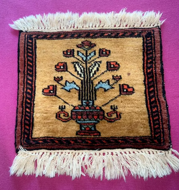 Ancien tapis d' Orient miniature fait main , 34 cm x 31 cm N° 2