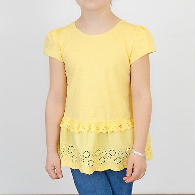 Girls Next Top Yellow Short Sleeve Embroidered Ruffle Round Neck Cotton Summer