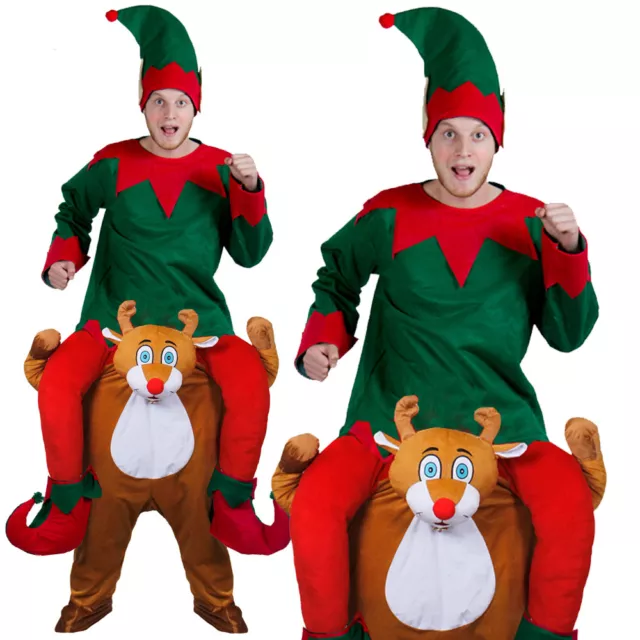 Adults Reindeer Pick Me Up Elf Costume Ride Rudolph Back Christmas Fancy Dress