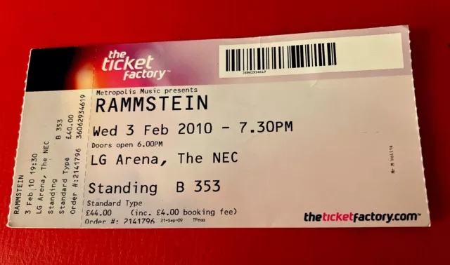 RAMMSTEIN TICKET Liebe Ist Für Alle Da Tour Birmingham NEC Arena 3 February 2010