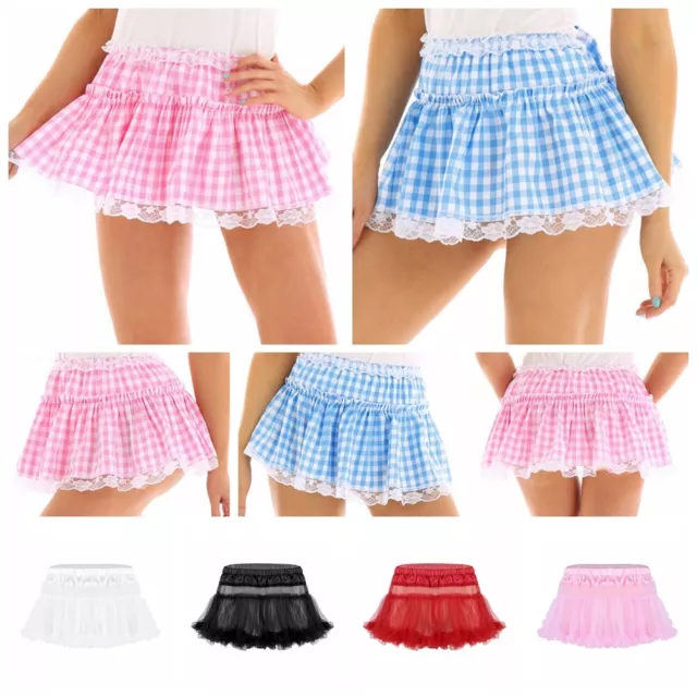 Womens Mens Sissy Pleated Skirt School Dress Tulle Skirt Short Mini Plaid Skirts