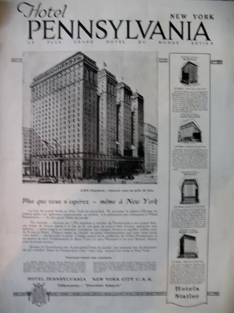 Publicite De Presse Tourisme Hotel Pennsylvania New-York City French Ad 1921