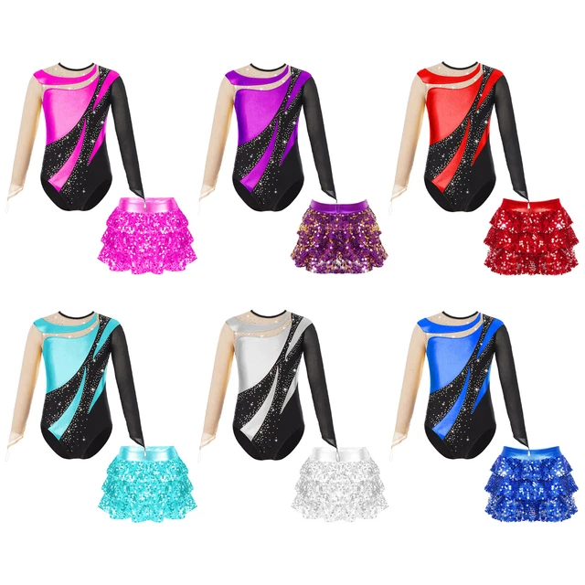 Mädchen Turnanzug Mit Glitzer - Langarm Gymnastik Body Patchwork