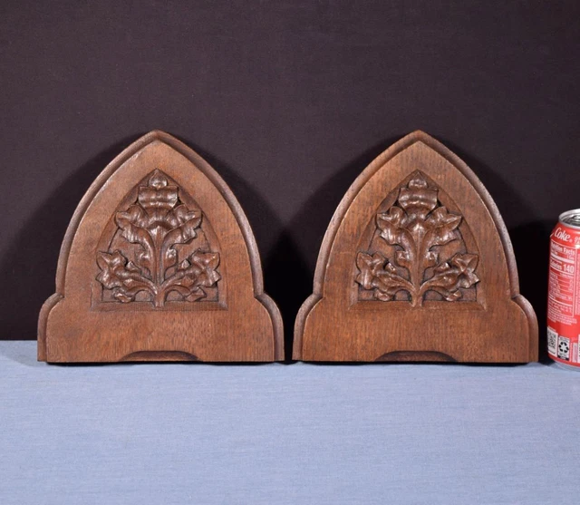 *Pair of Gothic Carved Architectural Panels/Trim in Solid Oak Wood Salvage 2