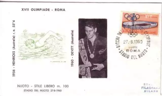 FDC FILAGRANO OLIMPIADI ROMA 1960 I VINCITORI:NUOTO m100sl DEVITT.+d