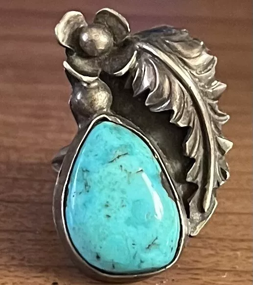 Navajo Johnson Todacheeny 925 Sterling Silver Turquoise Ring Squash Blossom 4.5