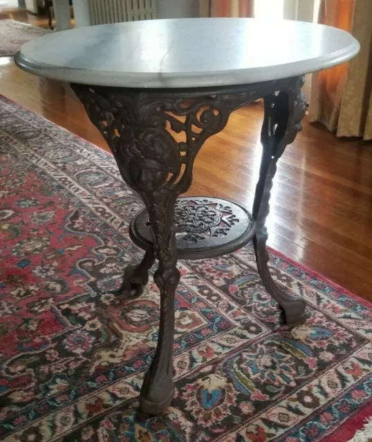 Vintage Tavern Table with Marble Top on Ornate Cast Iron Base