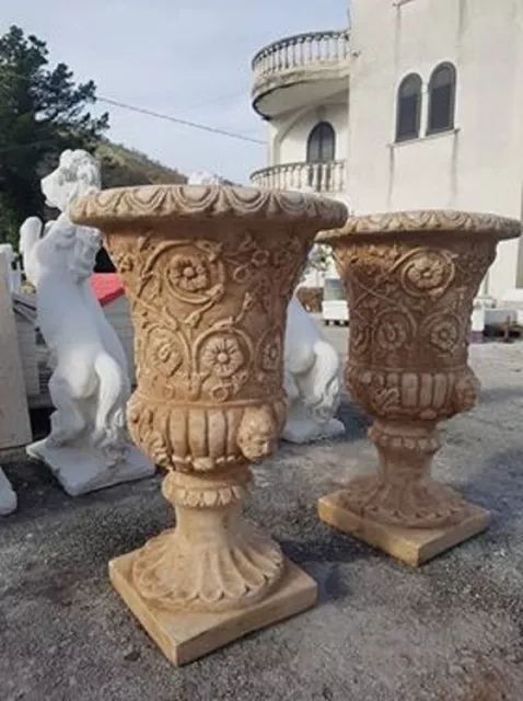 Coppia di vasi vaso calice da giardino per piante in cemento marmo e pietra h77