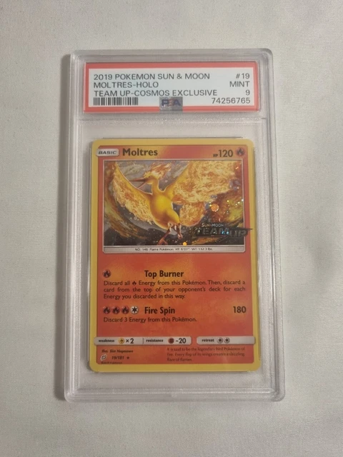 PSA 9 Moltres 19/181 Cosmos Holo Team Up Prerelease Stamped Pokemon TCG - Mint