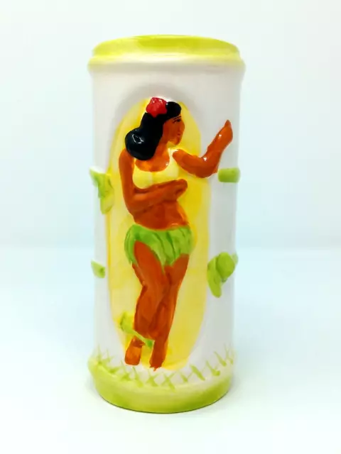 Tiki's Grill & Bar Mug w/ Hula Dancer white w/ green bamboo style ceramic 7.5"