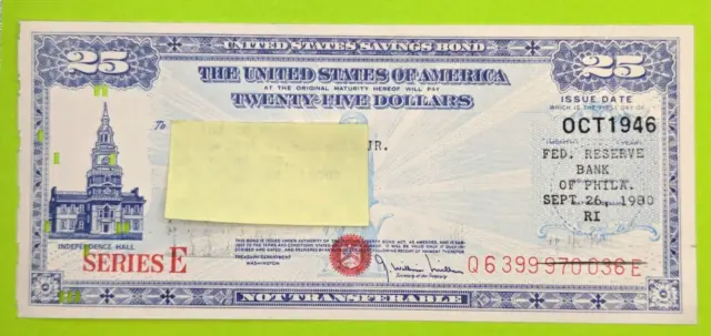 Oct 1946- $25 US Savings Bond Series E Independence Hall Philadelphia Punch Card