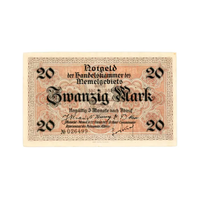 Memel 1922 P-6a 20 Mark AU-Unc.