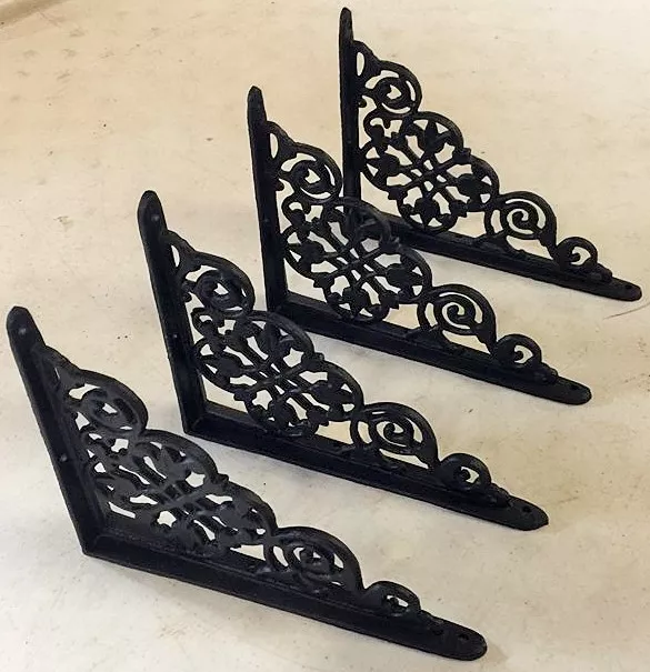 SET OF 4 VICTORIAN FLORAL PATTERN BRACKETS Antique Styled cast iron braces BLACK