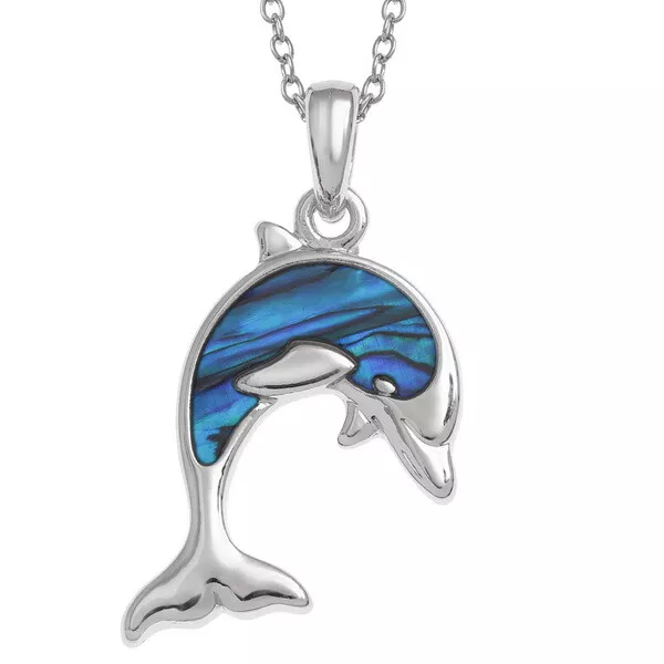 Dolphin Necklace Blue Paua Abalone Shell Pendant Silver Fashion Jewellery Boxed