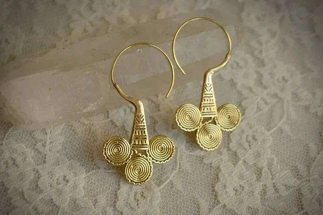 Large Gold Plated Mandala Vintage Tribal Brass Hoops Spiral Earrings Free Ship 2