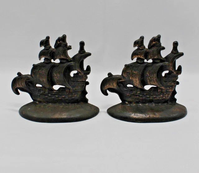 VTG CAST IRON Metal Spanish Galleon Ships Bookends 4.5x1.5x4.5" 901