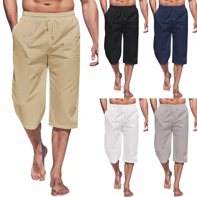 Mens Elasticated Waist 3/4 Long Length Shorts Summer Casual Three Quarter Pants