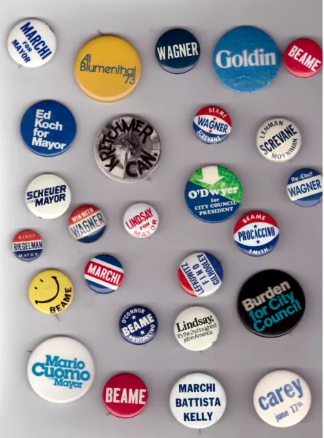 Lot of 26 Vintage New York City Buttons Pins Mayor Campaign LINDSAY CUOMO KOCH