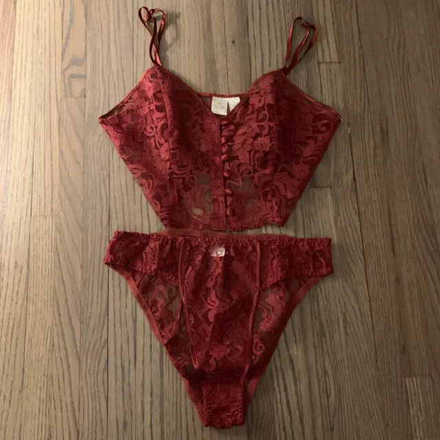 NOS Victoria Secret LACE Bikini Panty Bralette Set M RED BURGANDY SEXY NEW NWOT